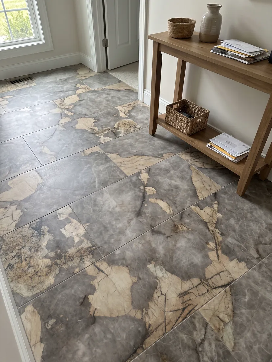 Piso de recibidor en placas grandes de cuarcita gris Patagonia con luz natural: gris nublado con grandes parches beige irregulares y finas líneas oscuras
