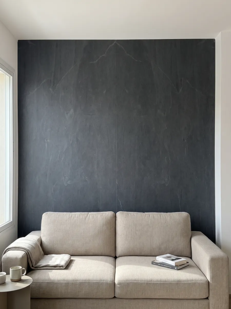Pared de sala revestida con placas de cuarcita gris Pietra del Cardoso abiertas en libro detrás de un sofá: gris pizarra oscuro uniforme, sin dibujo
