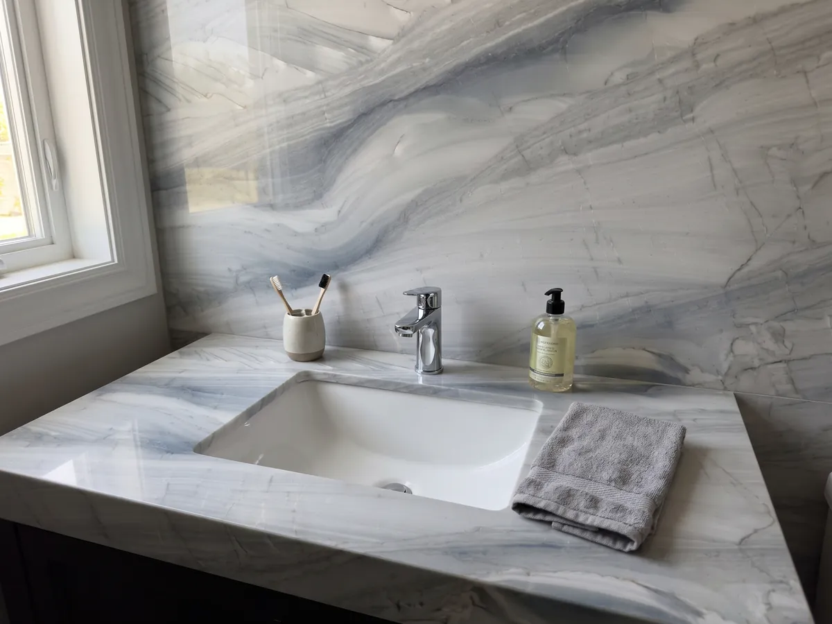 Cubierta de lavabo y pared de baño en cuarcita gris Polaris con lavamanos blanco y grifería cromada: gris claro con ondas suaves gris azuladas en diagonal