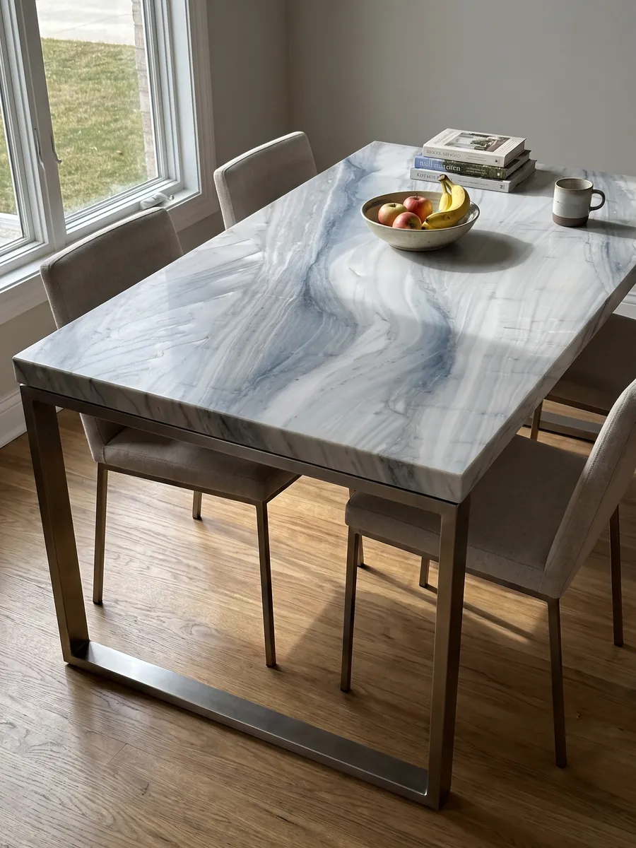 Mesa de comedor con cubierta de cuarcita gris Polaris sobre base de acero: gris claro con ondas suaves gris azuladas en diagonal