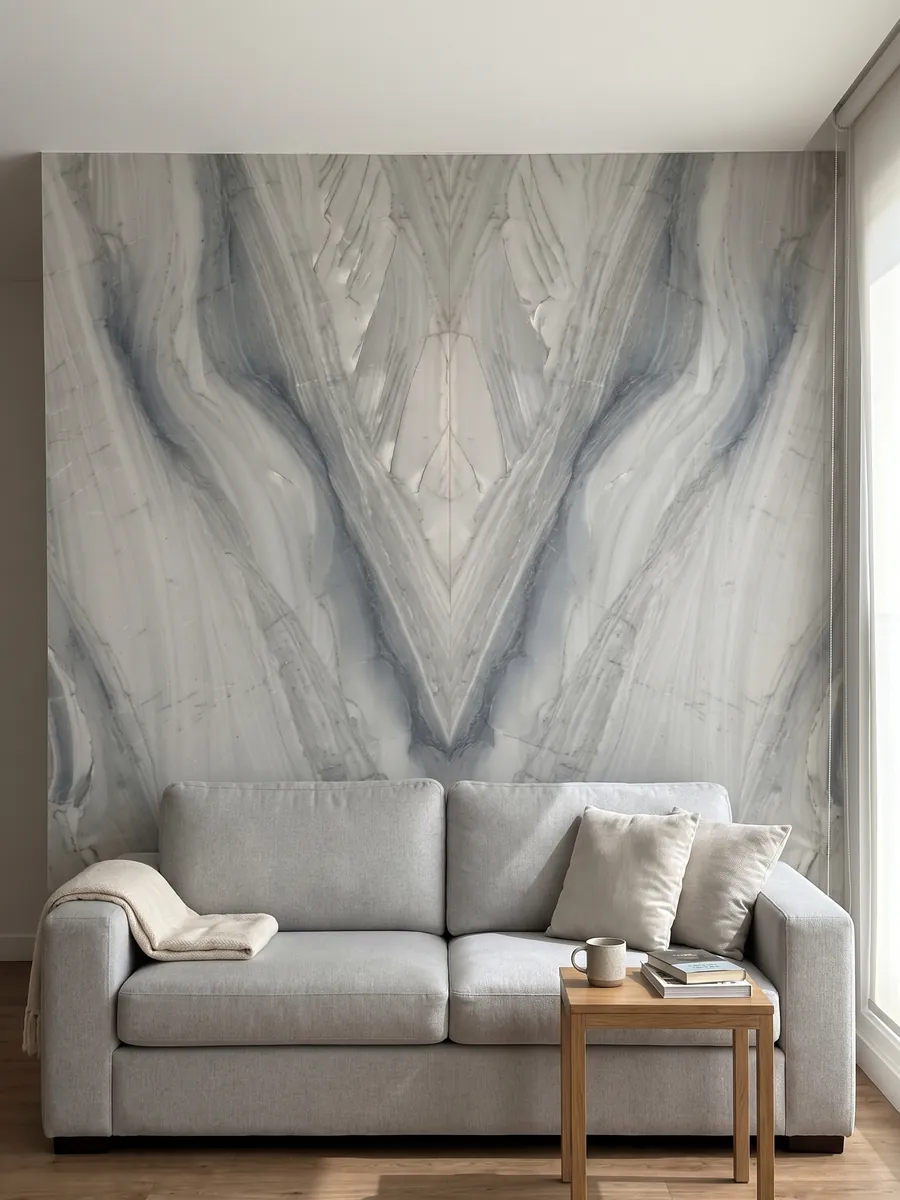 Pared de sala revestida con placas de cuarcita gris Polaris abiertas en libro detrás de un sofá: gris claro con ondas suaves gris azuladas en diagonal