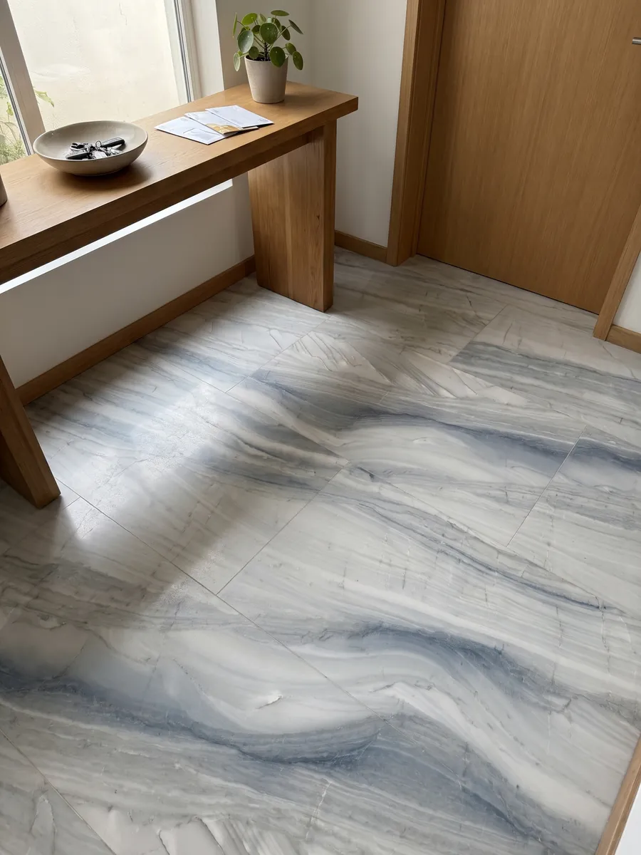 Piso de recibidor en placas grandes de cuarcita gris Polaris con luz natural: gris claro con ondas suaves gris azuladas en diagonal