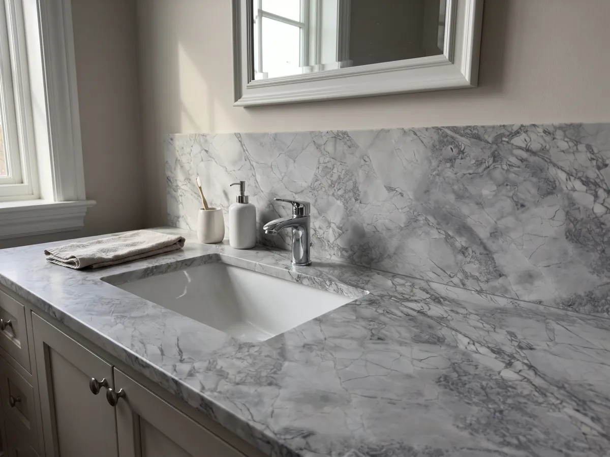 Cubierta de lavabo y pared de baño en cuarcita gris Super White con lavamanos blanco y grifería cromada: gris claro con red de vetas grises algo más oscuras