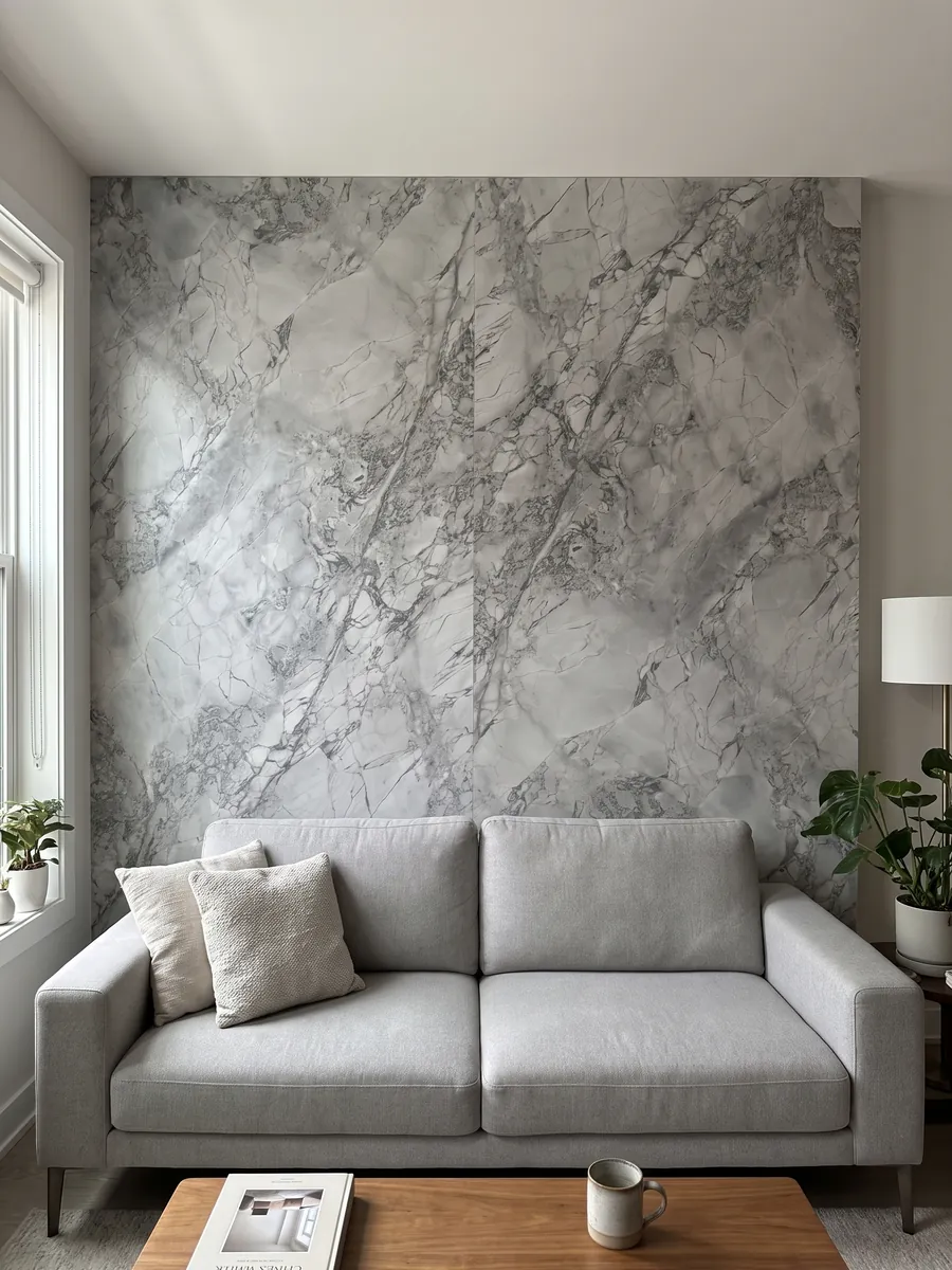 Pared de sala revestida con placas de cuarcita gris Super White abiertas en libro detrás de un sofá: gris claro con red de vetas grises algo más oscuras