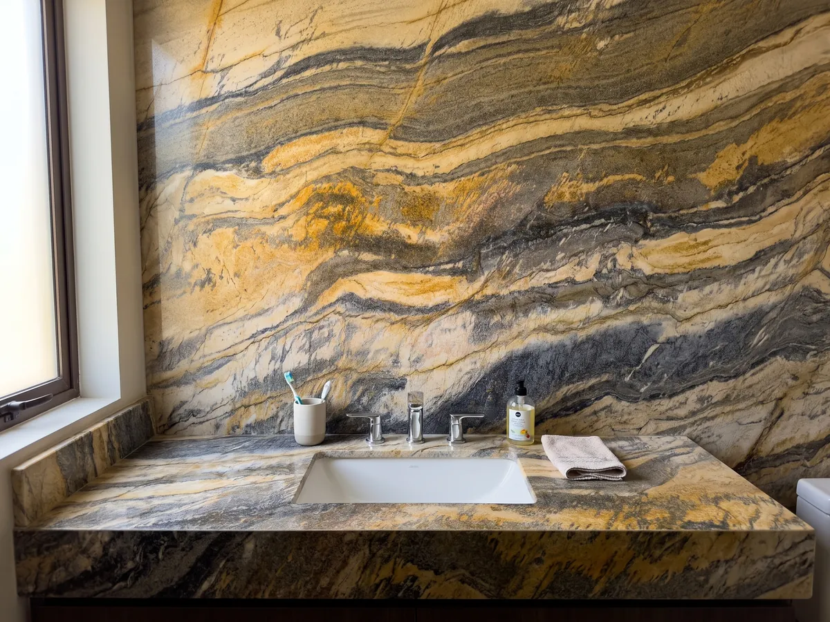 Cubierta de lavabo y pared de baño en Cuarcita Jacaranda con lavamanos blanco y grifería cromada: bandas onduladas amarillo mostaza y gris oscuro de mucho movimiento