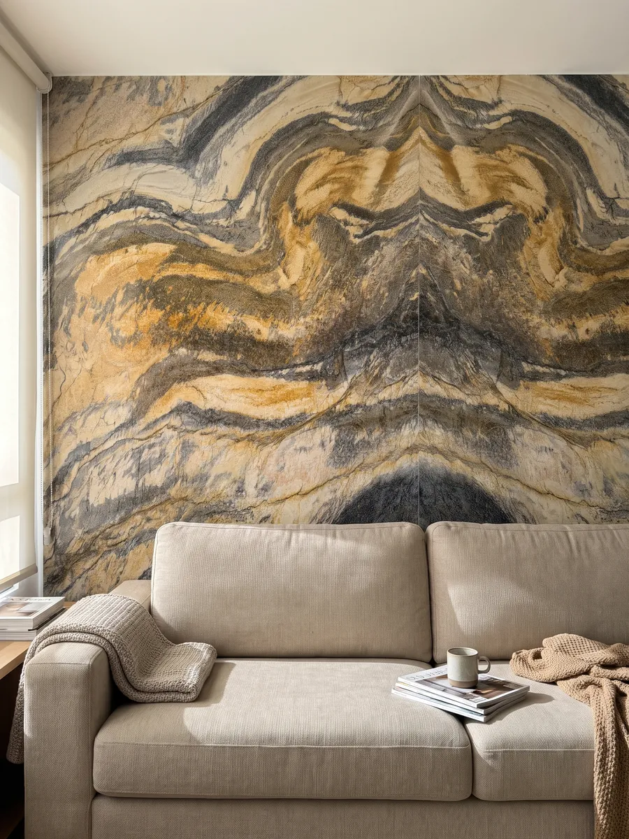 Pared de sala revestida con placas de Cuarcita Jacaranda abiertas en libro detrás de un sofá: bandas onduladas amarillo mostaza y gris oscuro de mucho movimiento