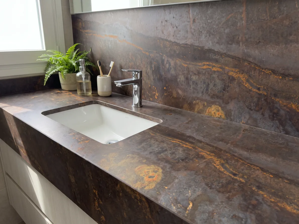 Cubierta de lavabo y pared de baño en cuarcita marrón Bronzite con lavamanos blanco y grifería cromada: marrón oscuro con una franja horizontal salpicada de destellos naranja dorado