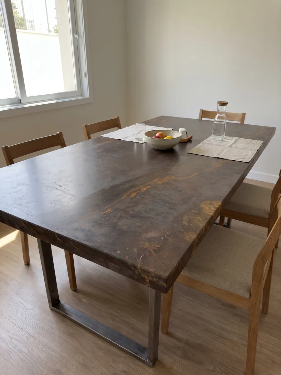 Mesa de comedor con cubierta de cuarcita marrón Bronzite sobre base de acero: marrón oscuro con una franja horizontal salpicada de destellos naranja dorado