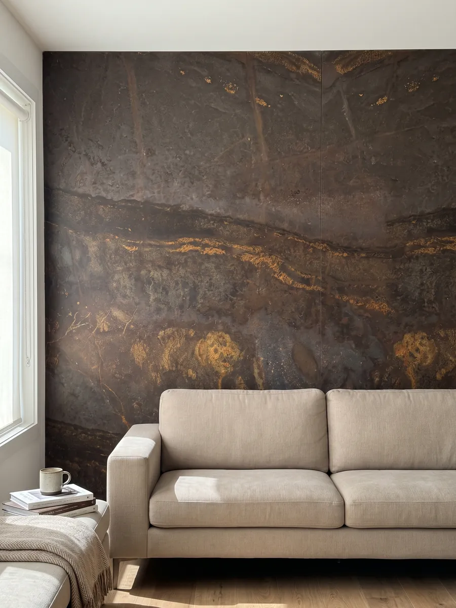 Pared de sala revestida con placas de cuarcita marrón Bronzite abiertas en libro detrás de un sofá: marrón oscuro con una franja horizontal salpicada de destellos naranja dorado