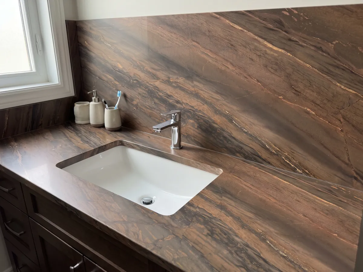Cubierta de lavabo y pared de baño en cuarcita marrón Elegant Brown con lavamanos blanco y grifería cromada: marrón cobrizo en bandas diagonales paralelas con líneas doradas finas