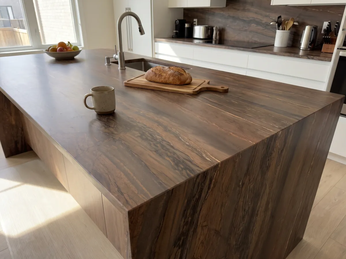 Isla de cocina con cubierta de cuarcita marrón Elegant Brown y canto recto en una cocina con luz natural: marrón cobrizo en bandas diagonales paralelas con líneas doradas finas