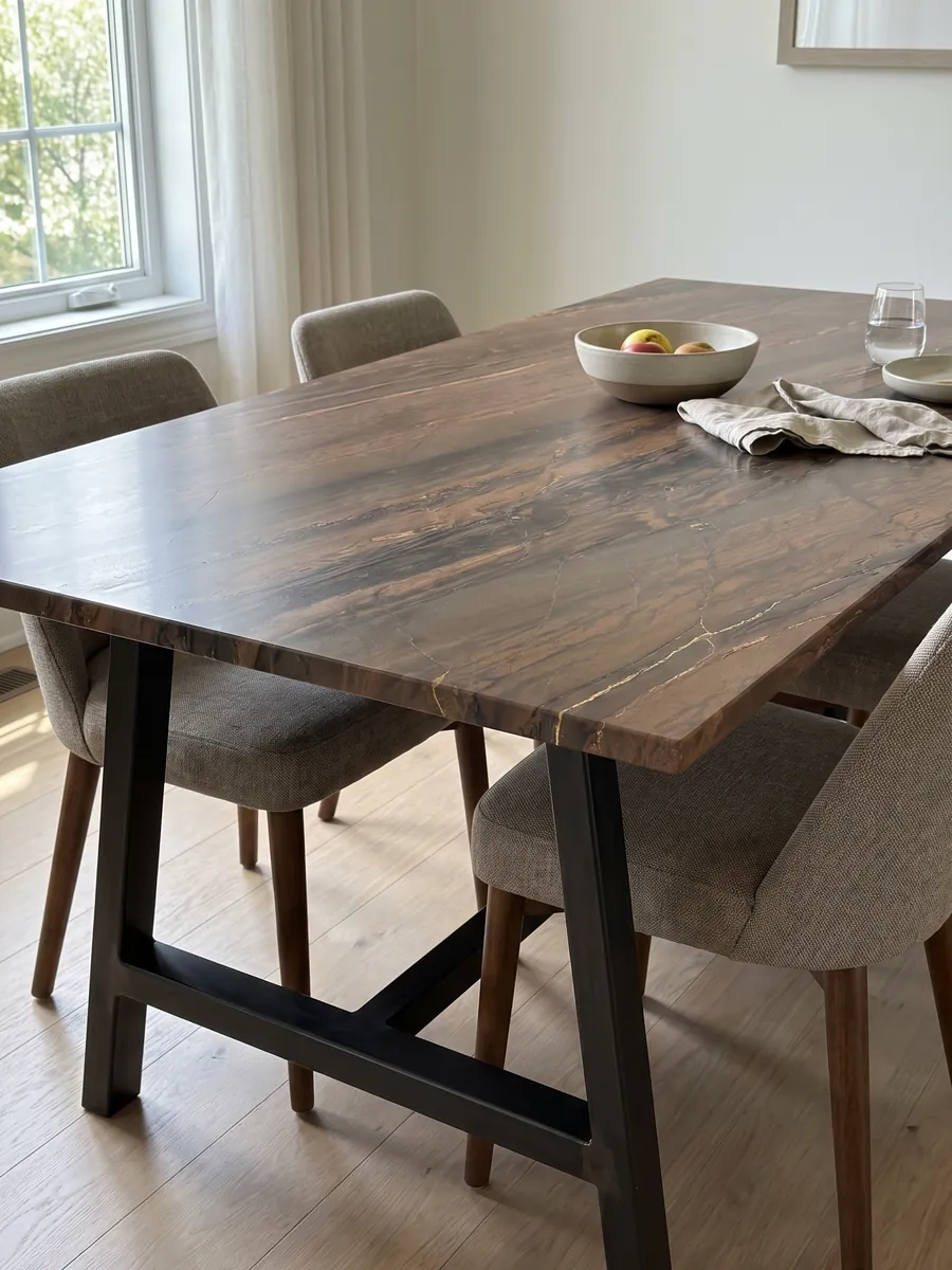 Mesa de comedor con cubierta de cuarcita marrón Elegant Brown sobre base de acero: marrón cobrizo en bandas diagonales paralelas con líneas doradas finas