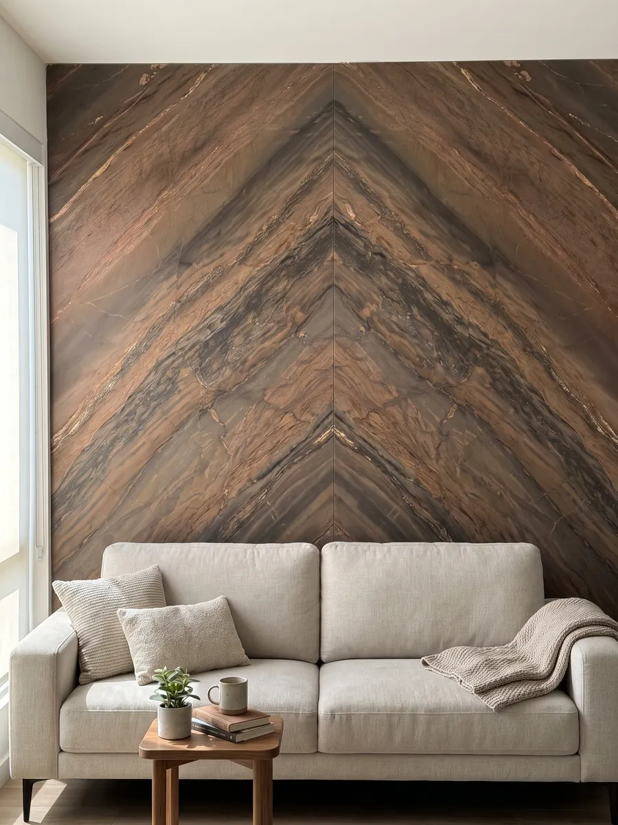 Pared de sala revestida con placas de cuarcita marrón Elegant Brown abiertas en libro detrás de un sofá: marrón cobrizo en bandas diagonales paralelas con líneas doradas finas