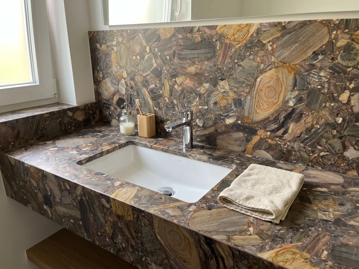 Cubierta de lavabo y pared de baño en cuarcita marrón Four Seasons con lavamanos blanco y grifería cromada: mosaico de cantos rodados marrones, grises y ocre con un gran canto anillado