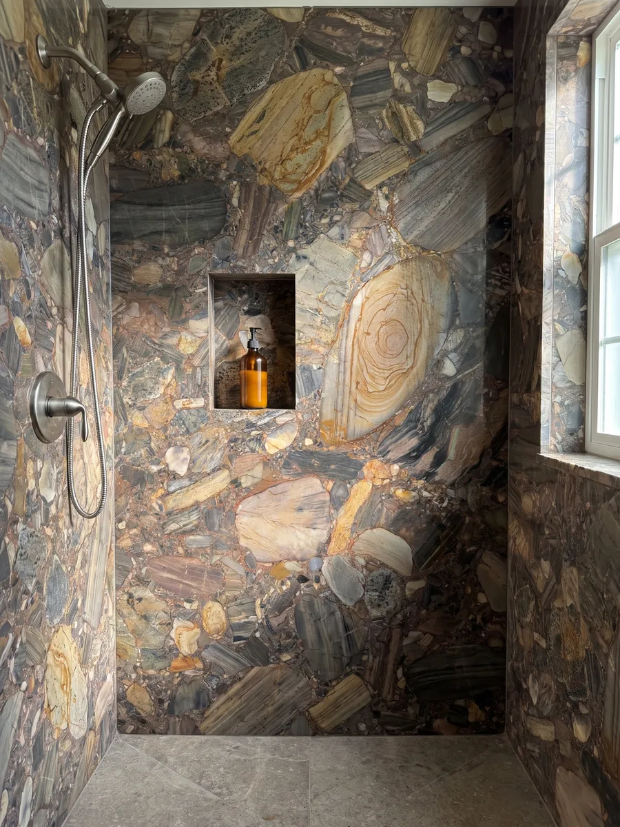 Ducha revestida con placas enteras de cuarcita marrón Four Seasons con nicho empotrado: mosaico de cantos rodados marrones, grises y ocre con un gran canto anillado