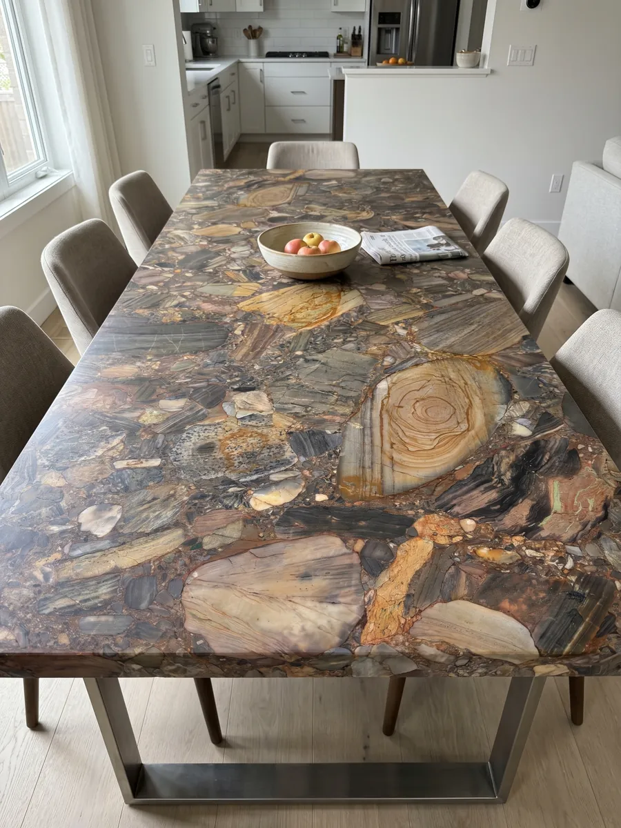 Mesa de comedor con cubierta de cuarcita marrón Four Seasons sobre base de acero: mosaico de cantos rodados marrones, grises y ocre con un gran canto anillado