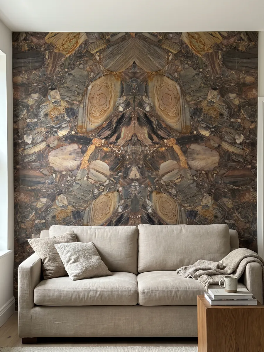 Pared de sala revestida con placas de cuarcita marrón Four Seasons abiertas en libro detrás de un sofá: mosaico de cantos rodados marrones, grises y ocre con un gran canto anillado