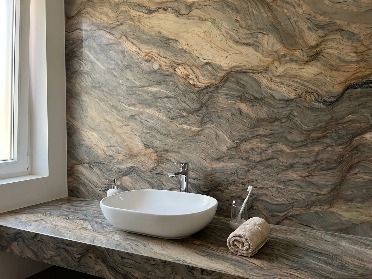 Cubierta de lavabo y pared de baño en cuarcita marrón Fusion con lavamanos blanco y grifería cromada: ondas horizontales en ocre y gris verdoso, como capas de tierra