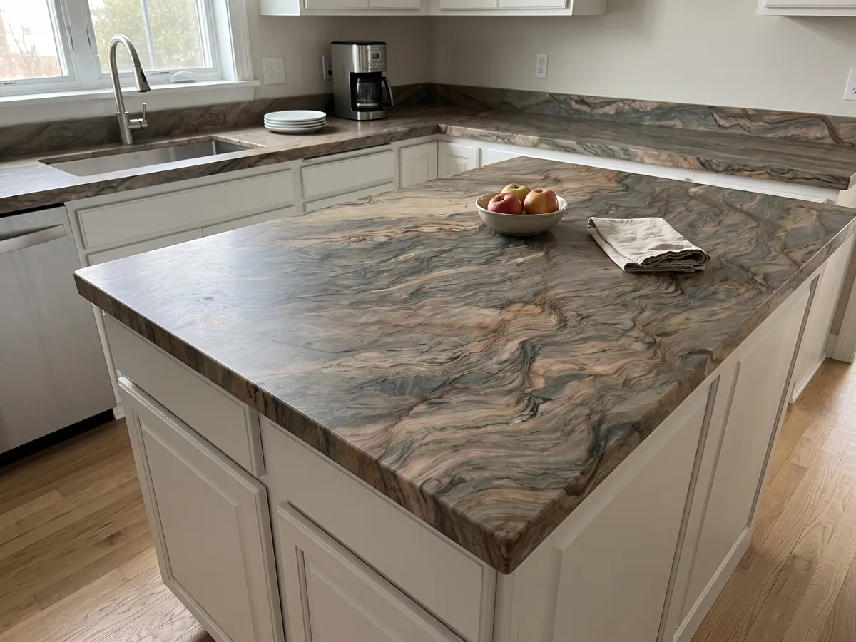 Isla de cocina con cubierta de cuarcita marrón Fusion y canto recto en una cocina con luz natural: ondas horizontales en ocre y gris verdoso, como capas de tierra