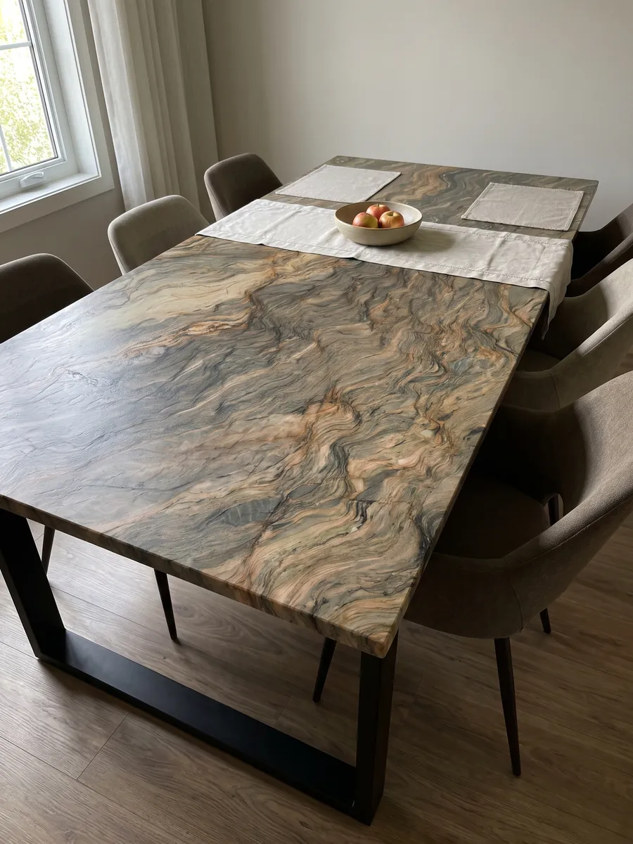 Mesa de comedor con cubierta de cuarcita marrón Fusion sobre base de acero: ondas horizontales en ocre y gris verdoso, como capas de tierra