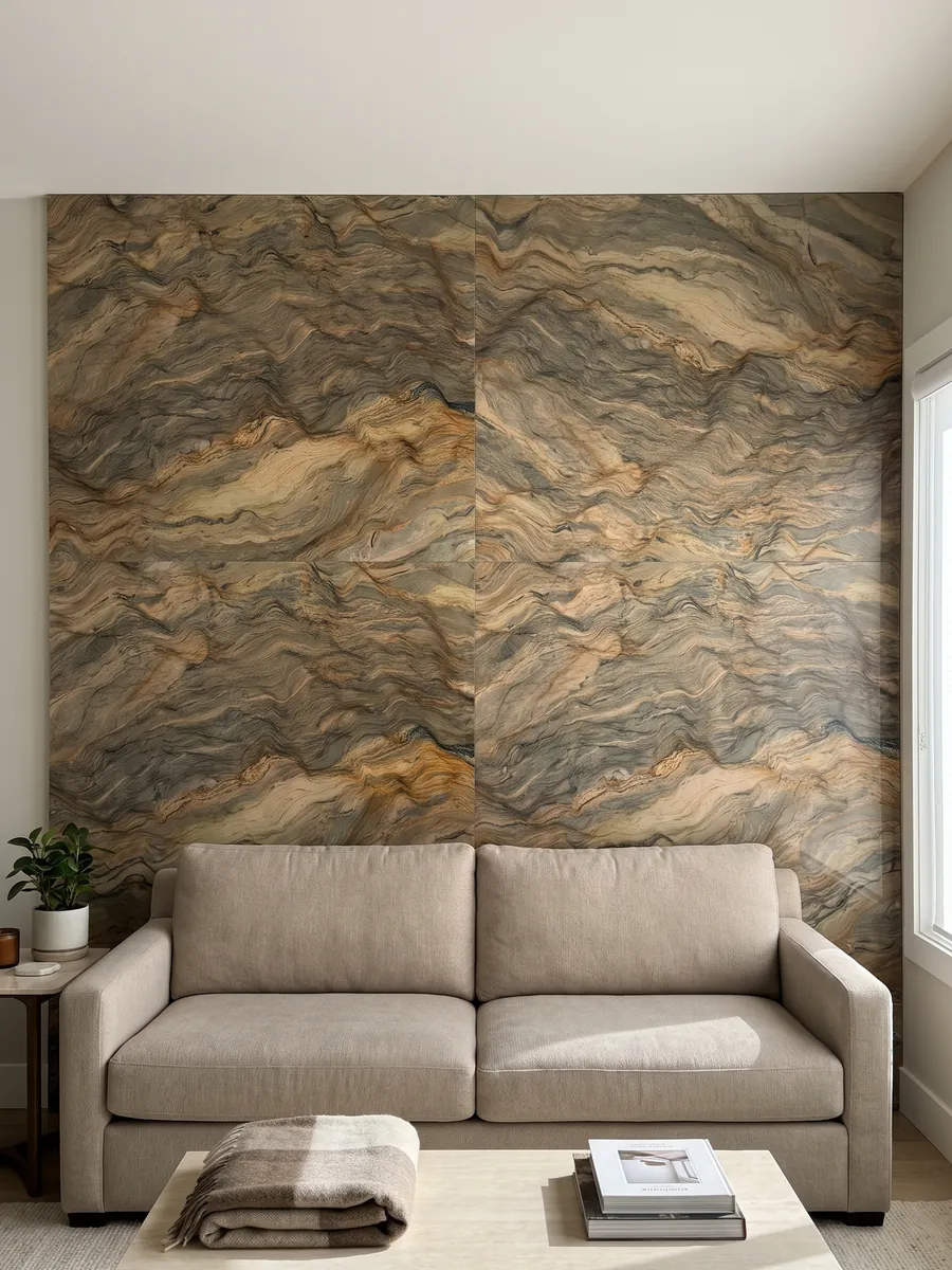 Pared de sala revestida con placas de cuarcita marrón Fusion abiertas en libro detrás de un sofá: ondas horizontales en ocre y gris verdoso, como capas de tierra