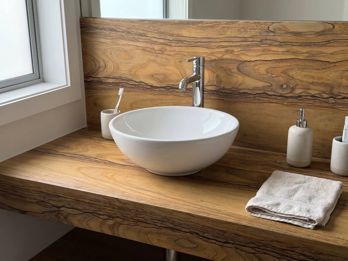 Cubierta de lavabo y pared de baño en cuarcita marrón Radika con lavamanos blanco y grifería cromada: marrón miel con dibujo de bandas que recuerda a la madera