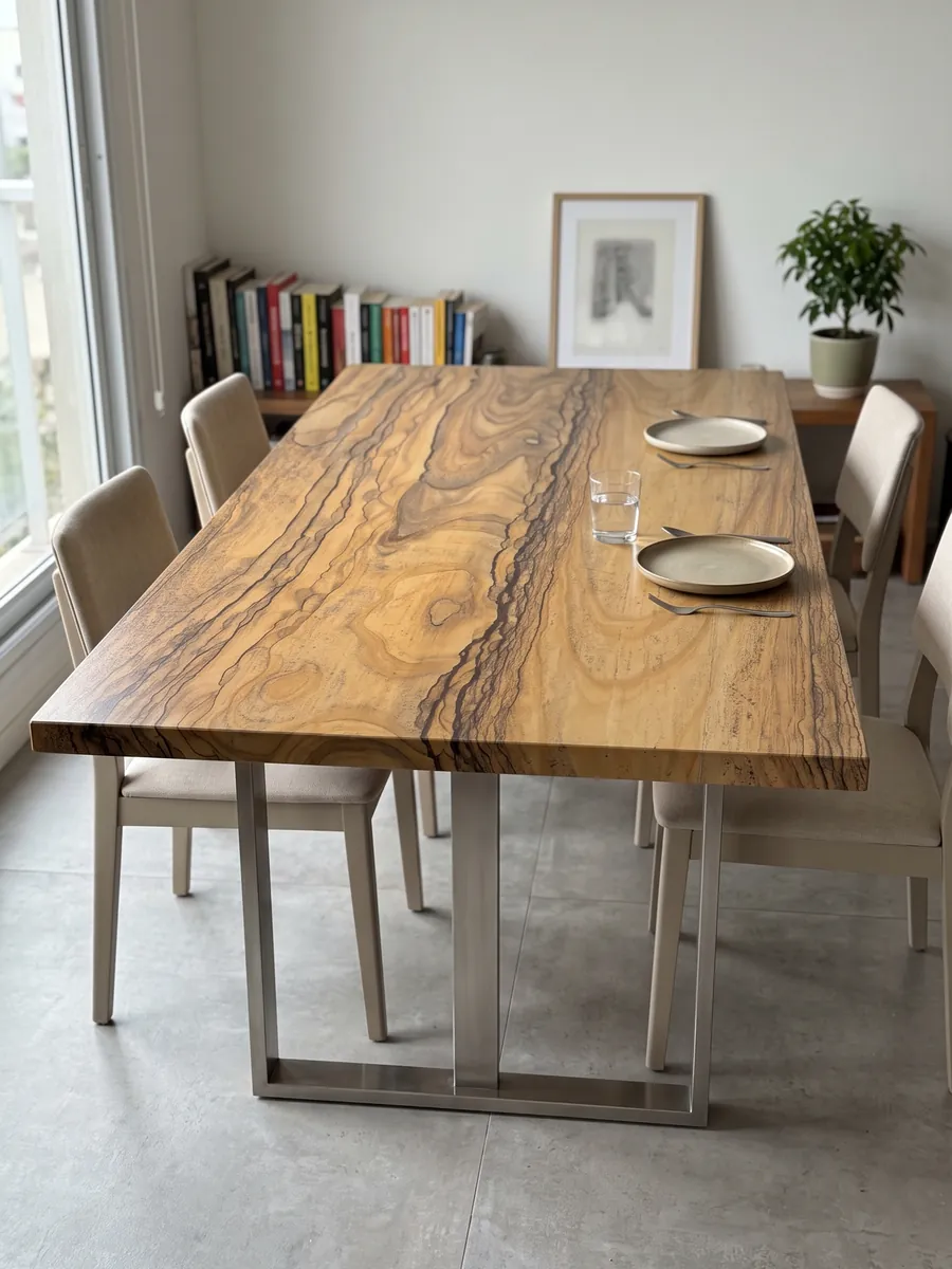 Mesa de comedor con cubierta de cuarcita marrón Radika sobre base de acero: marrón miel con dibujo de bandas que recuerda a la madera