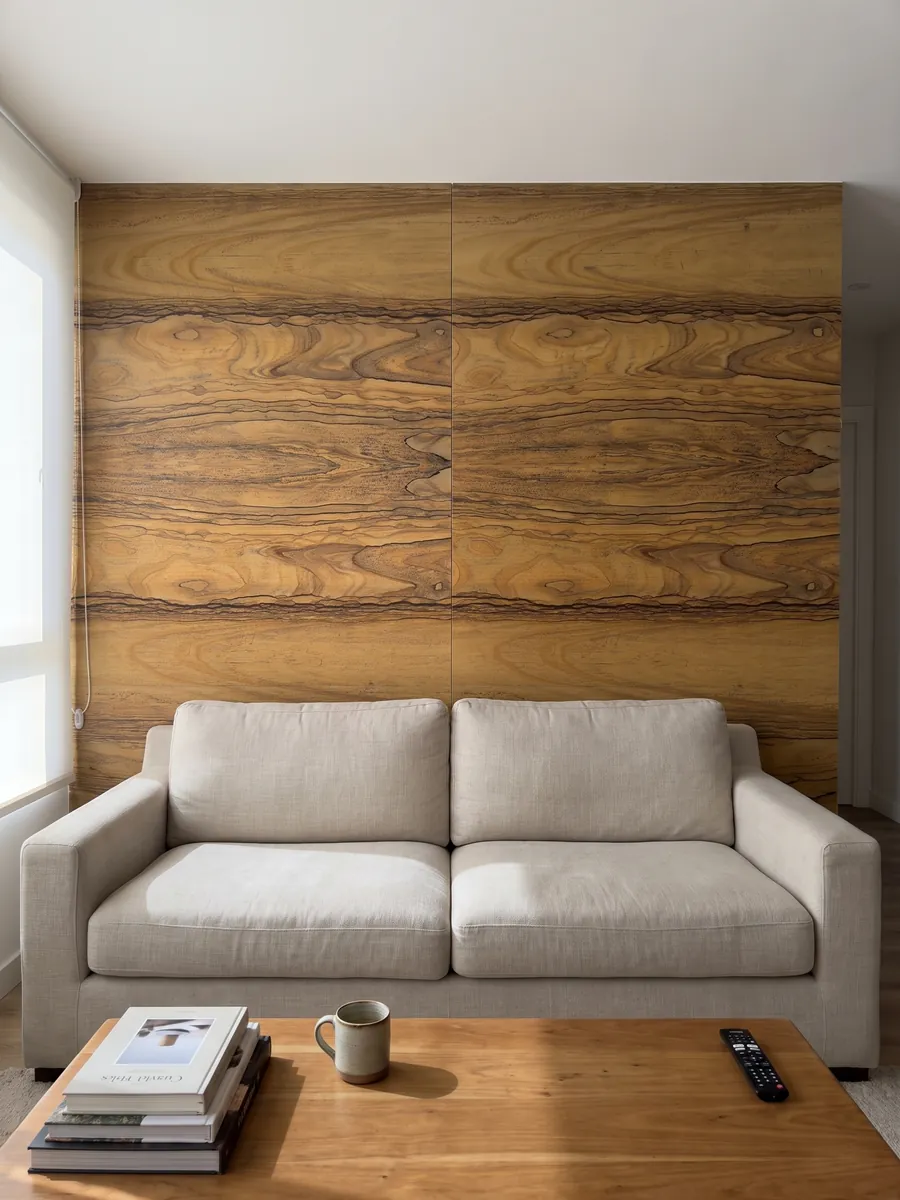 Pared de sala revestida con placas de cuarcita marrón Radika abiertas en libro detrás de un sofá: marrón miel con dibujo de bandas que recuerda a la madera