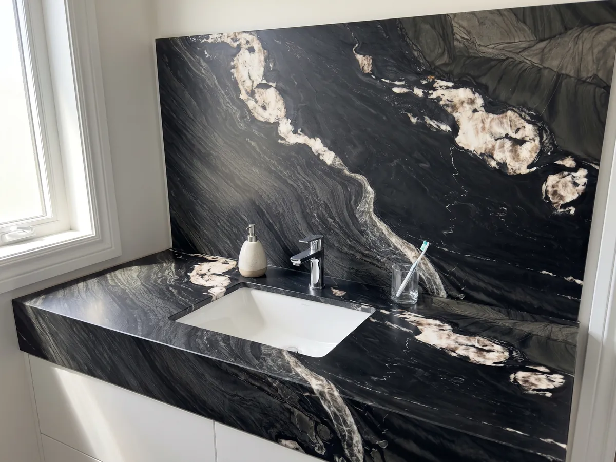 Cubierta de lavabo y pared de baño en cuarcita negra Black Tempest con lavamanos blanco y grifería cromada: negro con ondas grises y una línea de grandes manchas blancas en diagonal