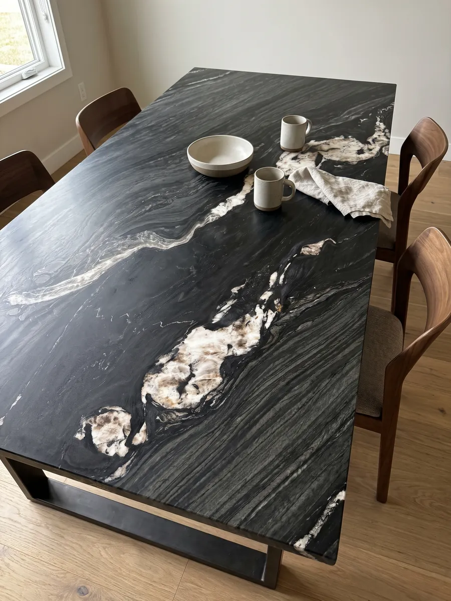 Mesa de comedor con cubierta de cuarcita negra Black Tempest sobre base de acero: negro con ondas grises y una línea de grandes manchas blancas en diagonal