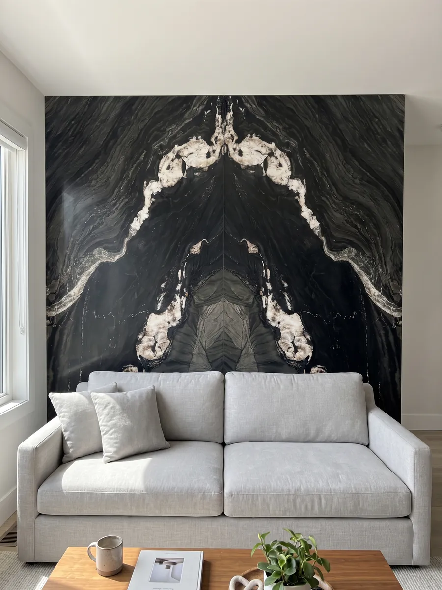 Pared de sala revestida con placas de cuarcita negra Black Tempest abiertas en libro detrás de un sofá: negro con ondas grises y una línea de grandes manchas blancas en diagonal