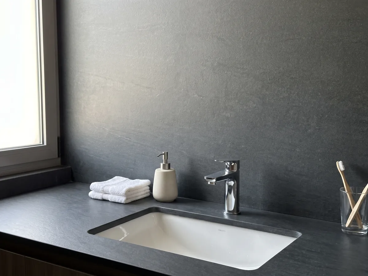 Cubierta de lavabo y pared de baño en cuarcita negra Black Vermont con lavamanos blanco y grifería cromada: gris antracita casi uniforme, sin dibujo apreciable