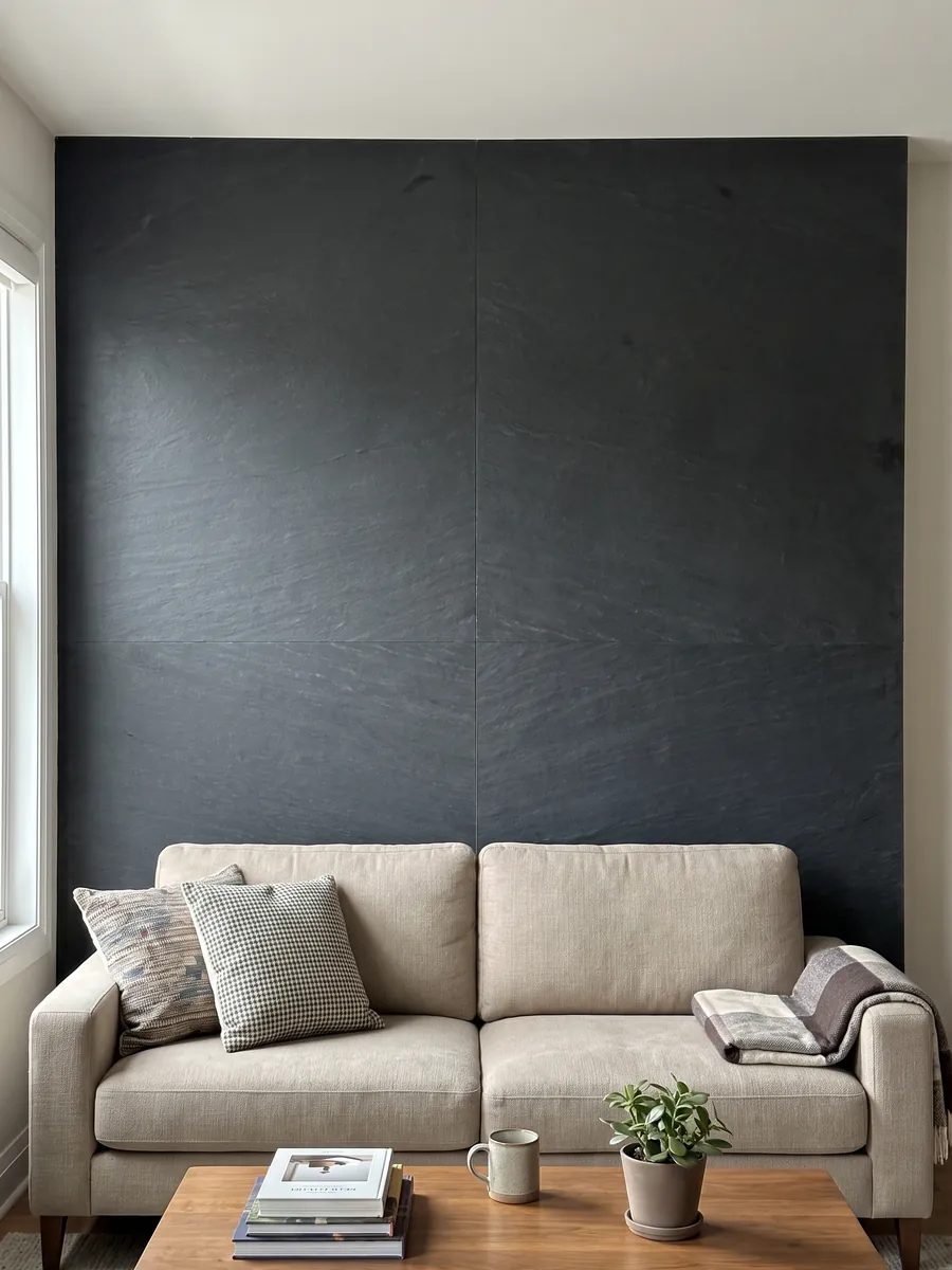 Pared de sala revestida con placas de cuarcita negra Black Vermont abiertas en libro detrás de un sofá: gris antracita casi uniforme, sin dibujo apreciable