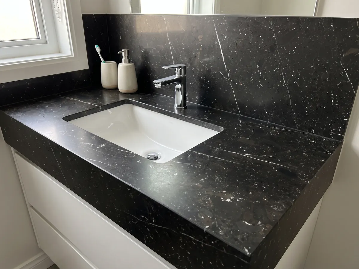 Cubierta de lavabo y pared de baño en cuarcita negra Infinity Brown con lavamanos blanco y grifería cromada: casi negro con finas vetas blancas diagonales y motas claras