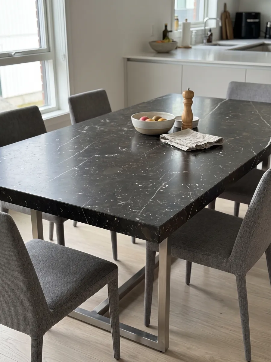 Mesa de comedor con cubierta de cuarcita negra Infinity Brown sobre base de acero: casi negro con finas vetas blancas diagonales y motas claras