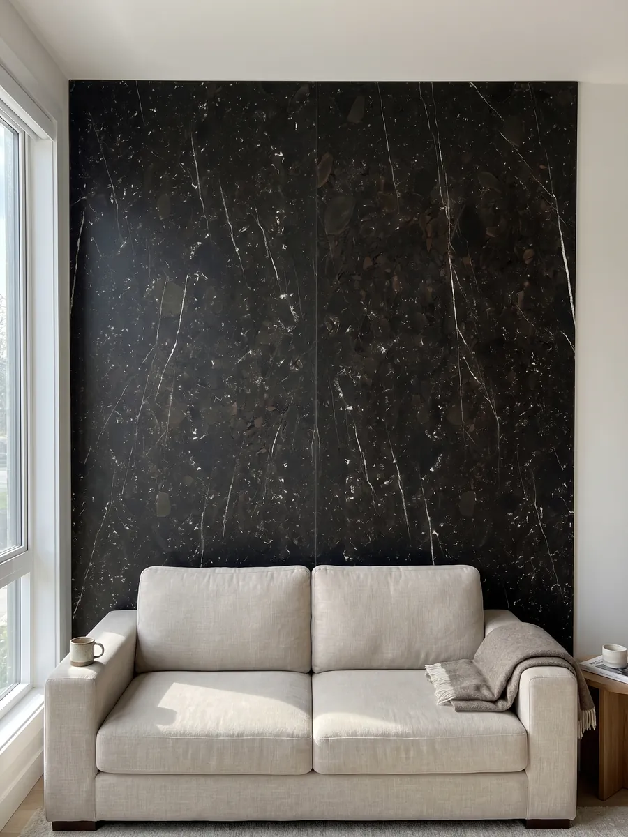 Pared de sala revestida con placas de cuarcita negra Infinity Brown abiertas en libro detrás de un sofá: casi negro con finas vetas blancas diagonales y motas claras