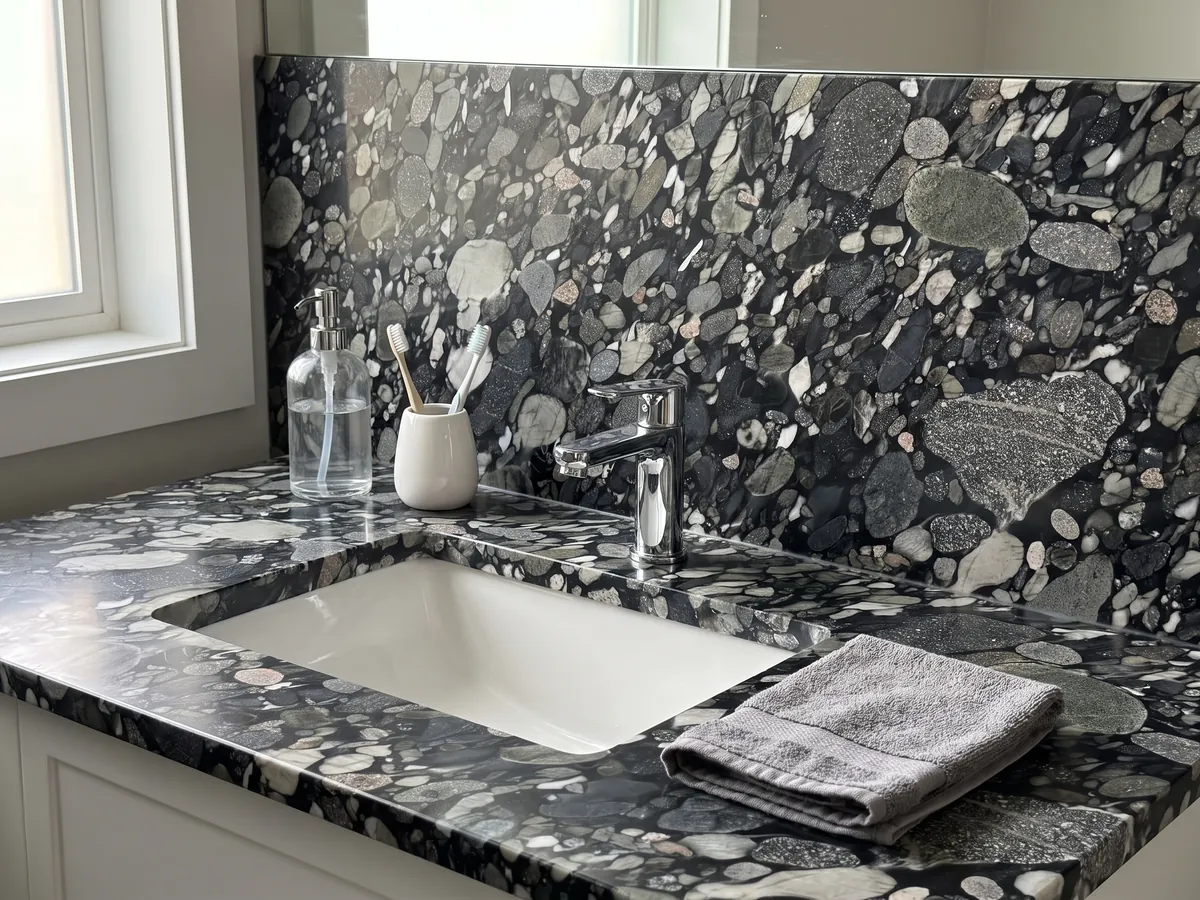 Cubierta de lavabo y pared de baño en cuarcita negra Marinace Black con lavamanos blanco y grifería cromada: cantos rodados grises, blancos y negros apretados sobre fondo negro