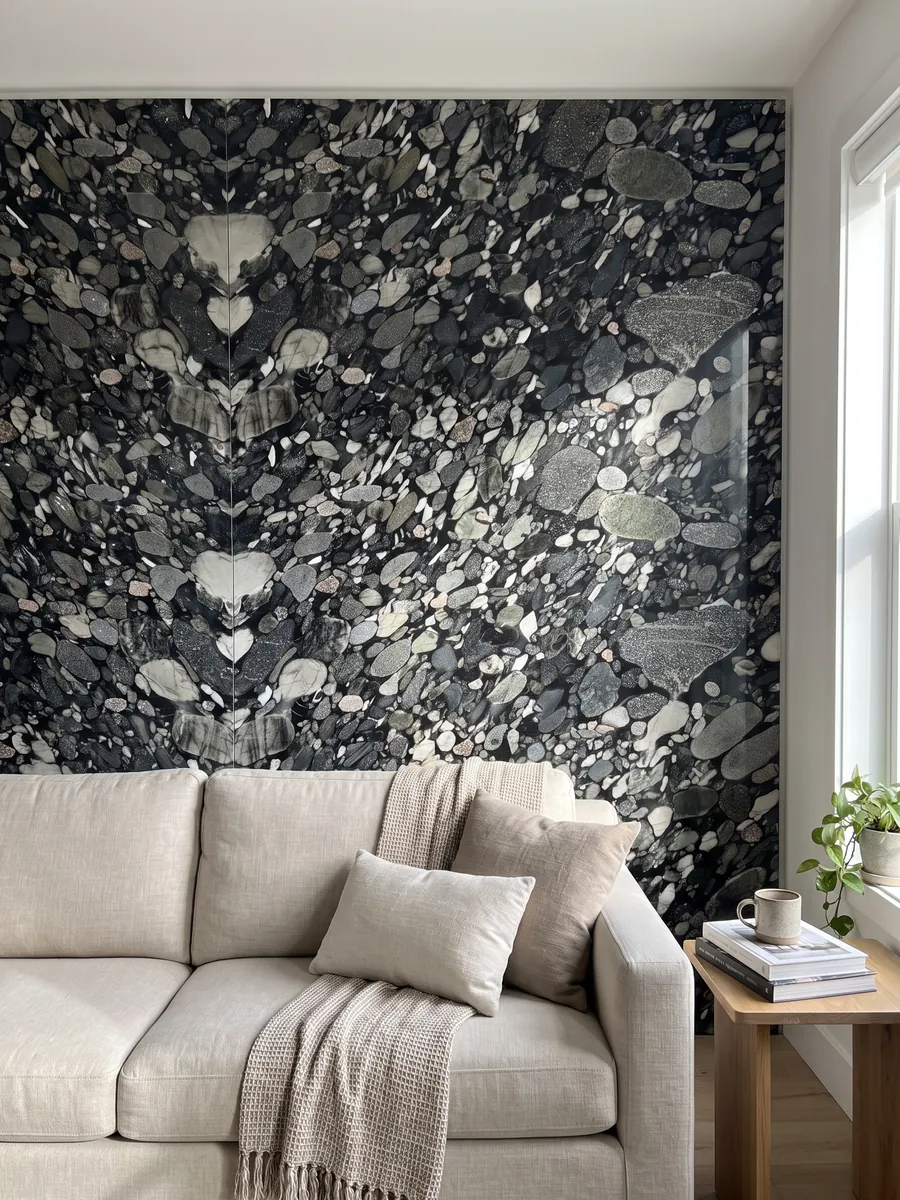 Pared de sala revestida con placas de cuarcita negra Marinace Black abiertas en libro detrás de un sofá: cantos rodados grises, blancos y negros apretados sobre fondo negro