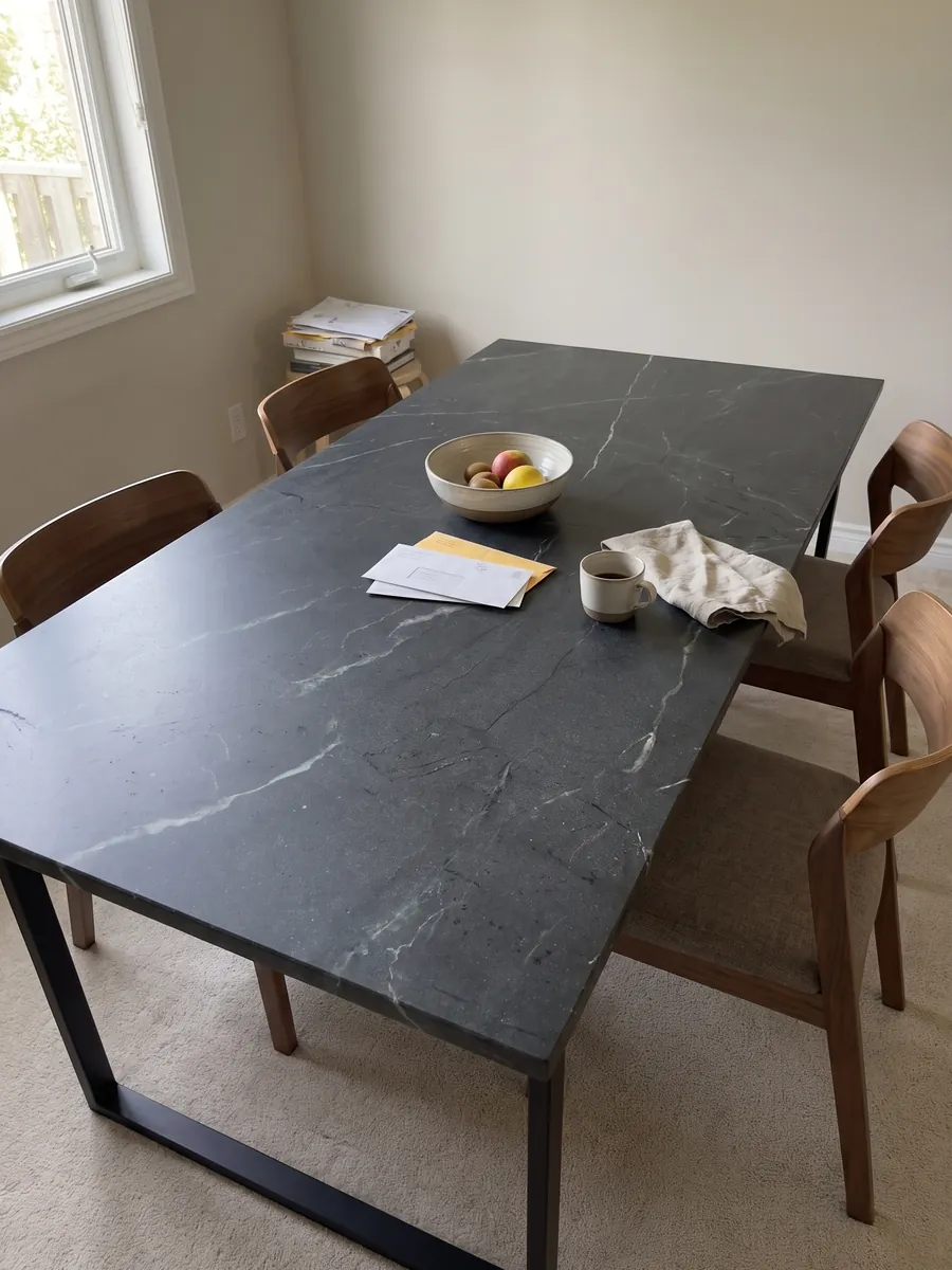 Mesa de comedor con cubierta de cuarcita negra Negresco sobre base de acero: negro con vetas blancas finas y escasas en diagonal