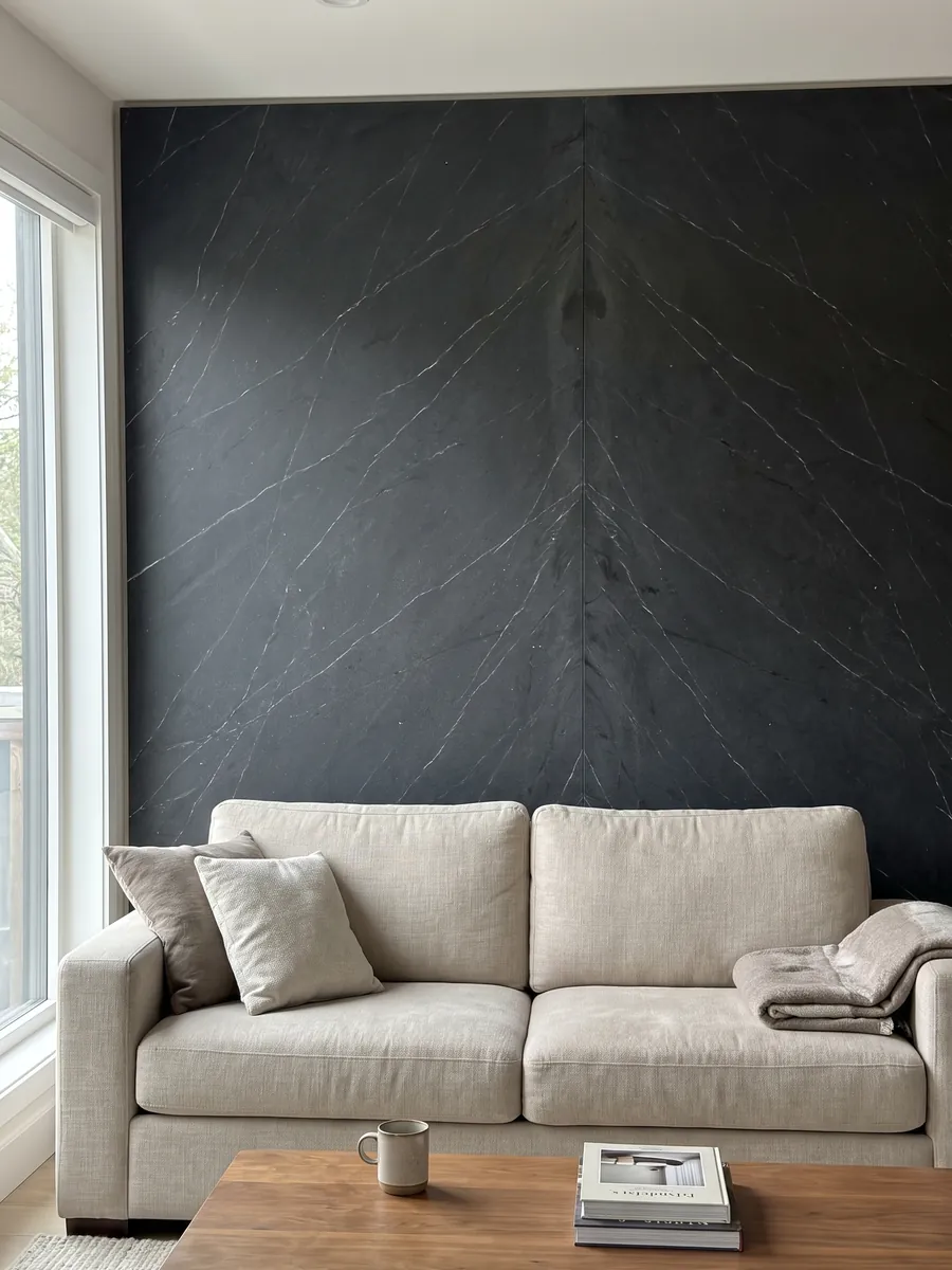 Pared de sala revestida con placas de cuarcita negra Negresco abiertas en libro detrás de un sofá: negro con vetas blancas finas y escasas en diagonal