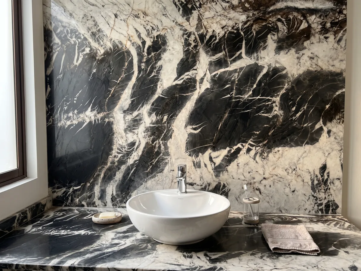 Cubierta de lavabo y pared de baño en cuarcita negra Ocean Storm con lavamanos blanco y grifería cromada: manchas negras como pinceladas sobre fondo crema