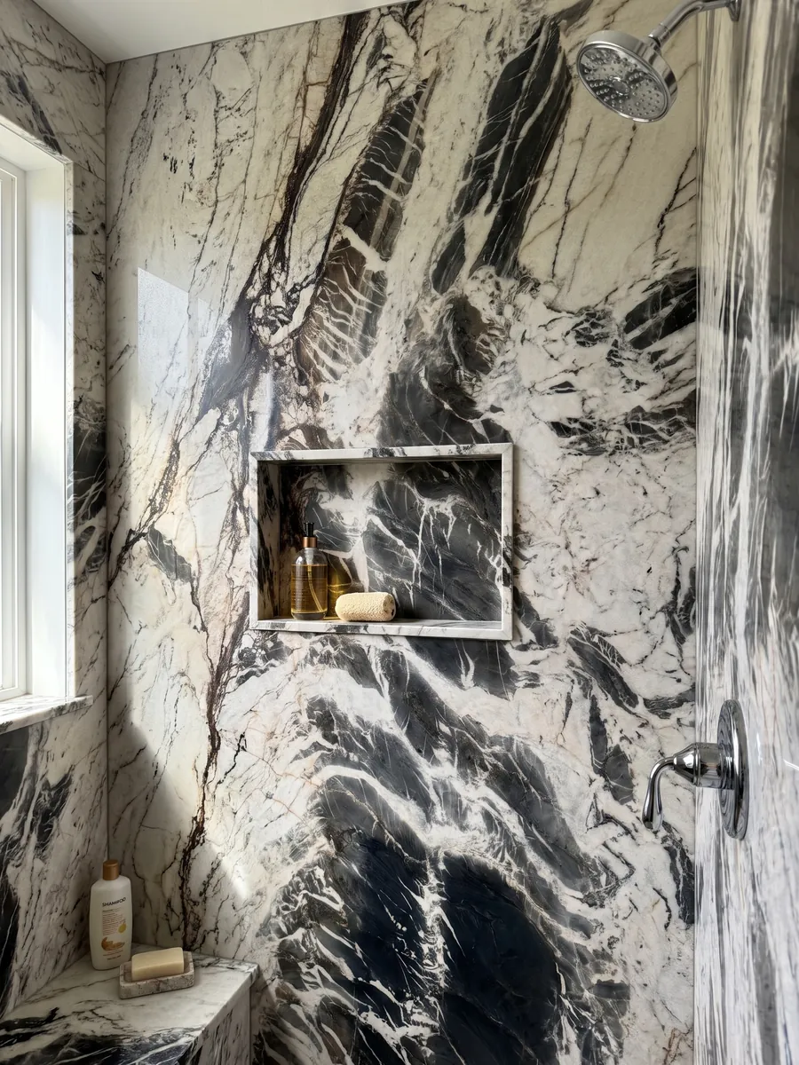 Ducha revestida con placas enteras de cuarcita negra Ocean Storm con nicho empotrado: manchas negras como pinceladas sobre fondo crema