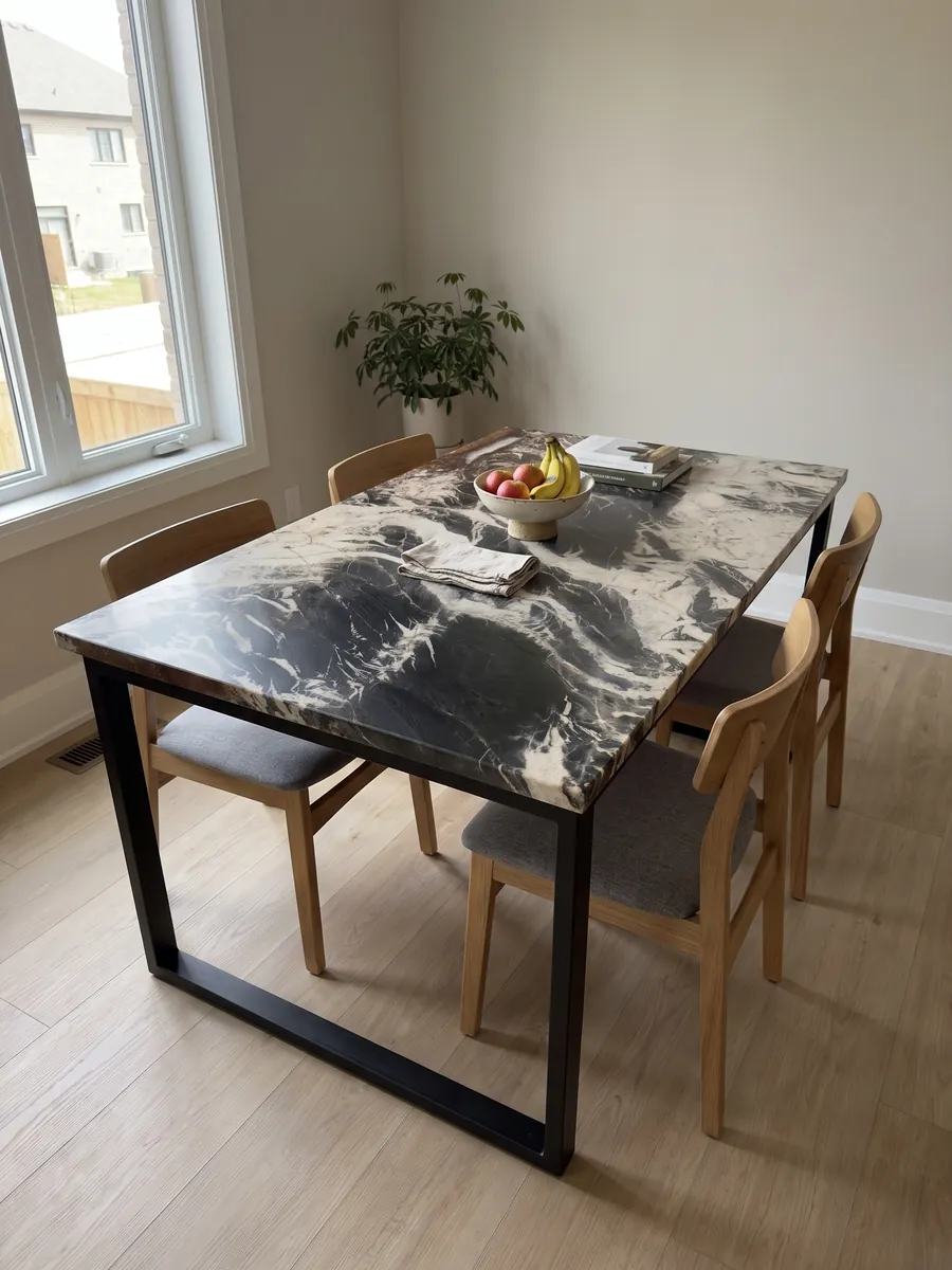 Mesa de comedor con cubierta de cuarcita negra Ocean Storm sobre base de acero: manchas negras como pinceladas sobre fondo crema
