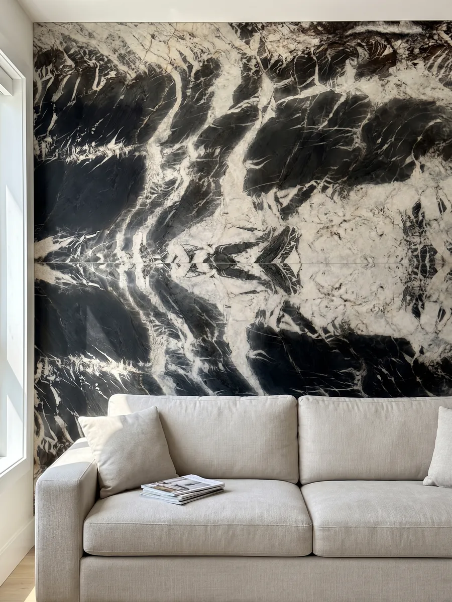 Pared de sala revestida con placas de cuarcita negra Ocean Storm abiertas en libro detrás de un sofá: manchas negras como pinceladas sobre fondo crema