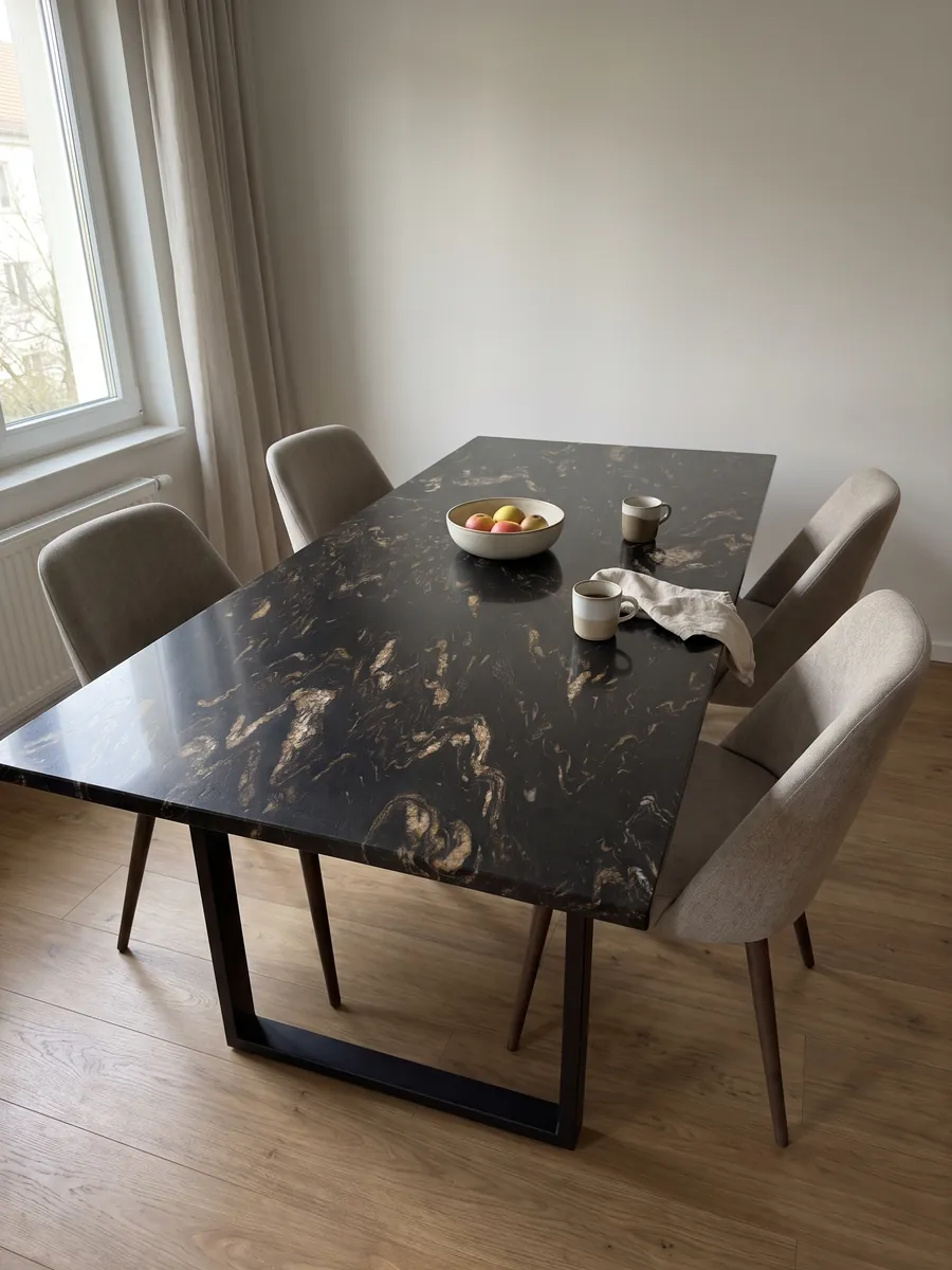 Mesa de comedor con cubierta de cuarcita negra Titanium sobre base de acero: negro con inclusiones doradas y beige en forma de llamas