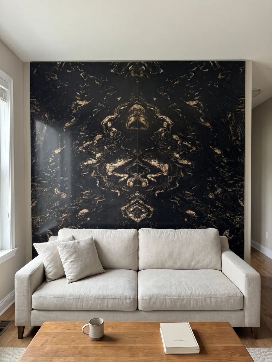 Pared de sala revestida con placas de cuarcita negra Titanium abiertas en libro detrás de un sofá: negro con inclusiones doradas y beige en forma de llamas