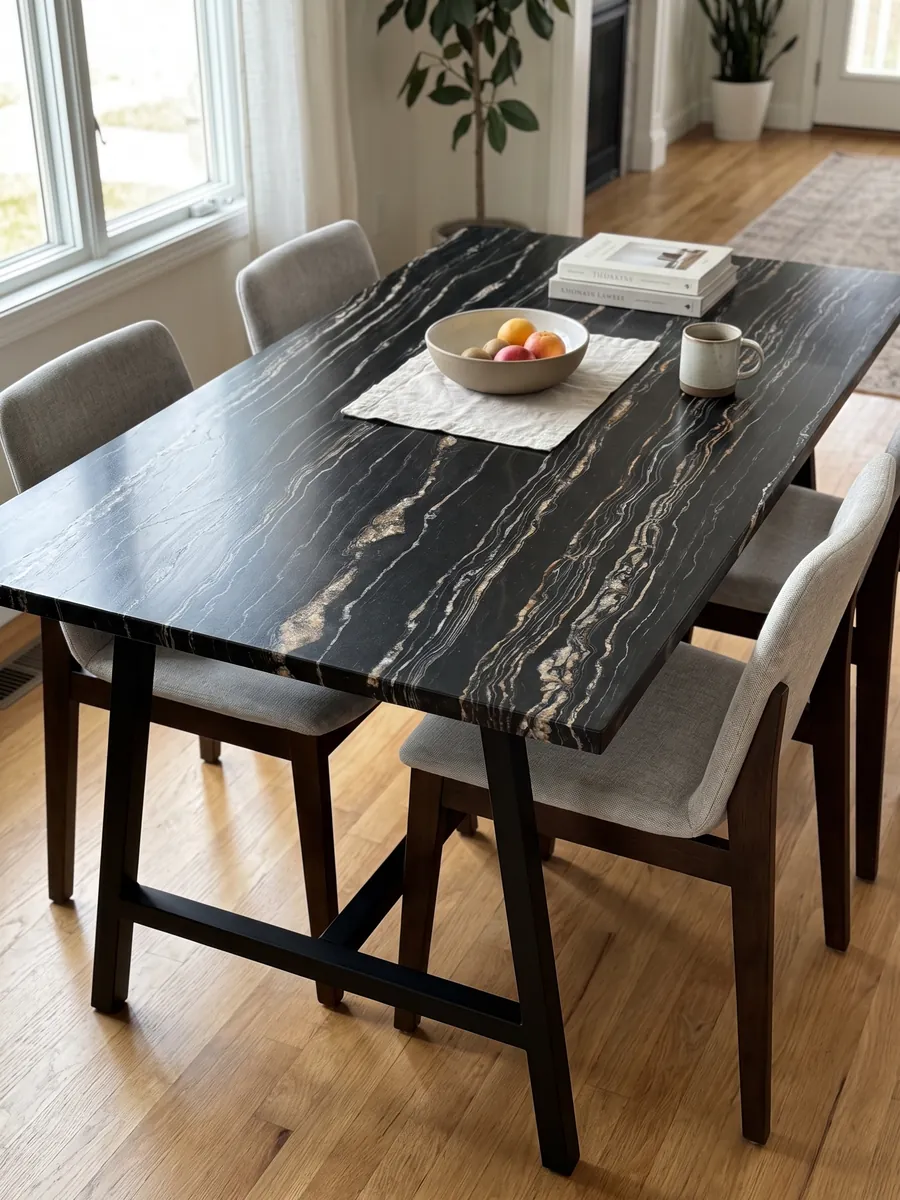 Mesa de comedor con cubierta de cuarcita negra Tropical Storm sobre base de acero: negro con finas líneas horizontales blancas y doradas