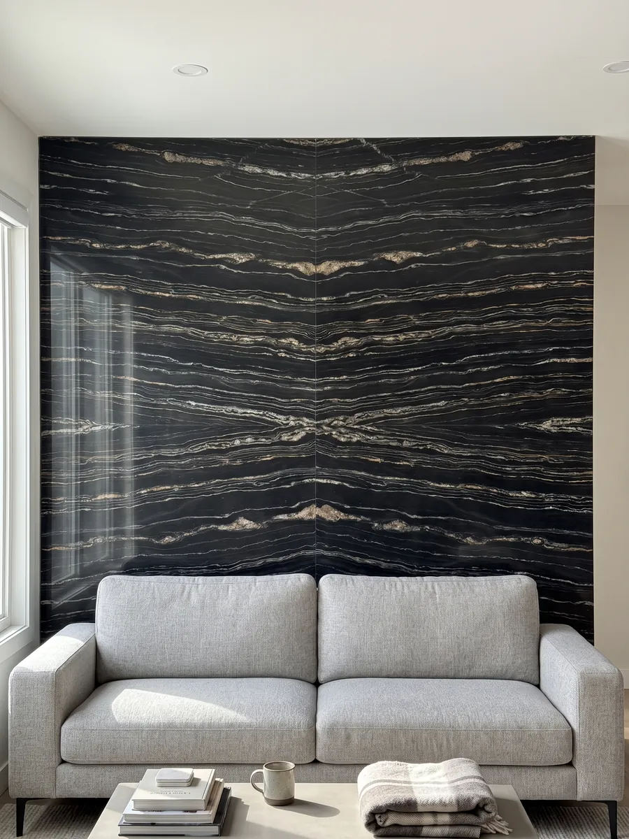 Pared de sala revestida con placas de cuarcita negra Tropical Storm abiertas en libro detrás de un sofá: negro con finas líneas horizontales blancas y doradas