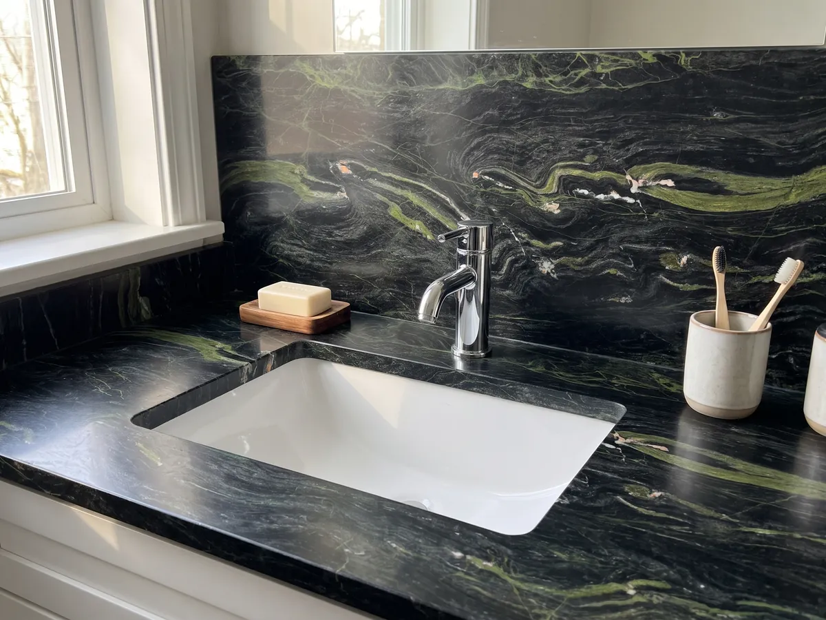 Cubierta de lavabo y pared de baño en cuarcita negra Vancouver con lavamanos blanco y grifería cromada: negro verdoso con ondas verde lima horizontales