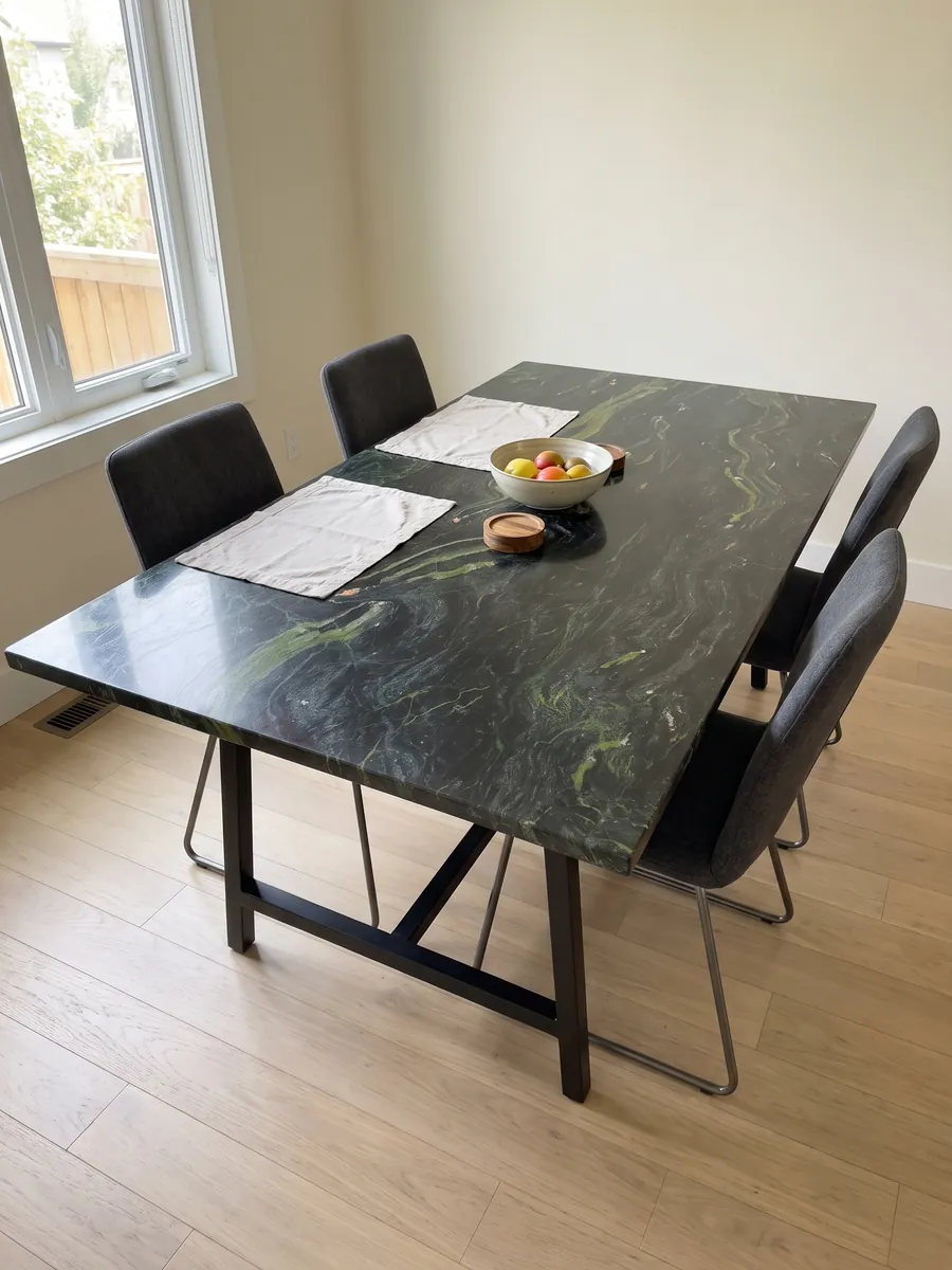 Mesa de comedor con cubierta de cuarcita negra Vancouver sobre base de acero: negro verdoso con ondas verde lima horizontales